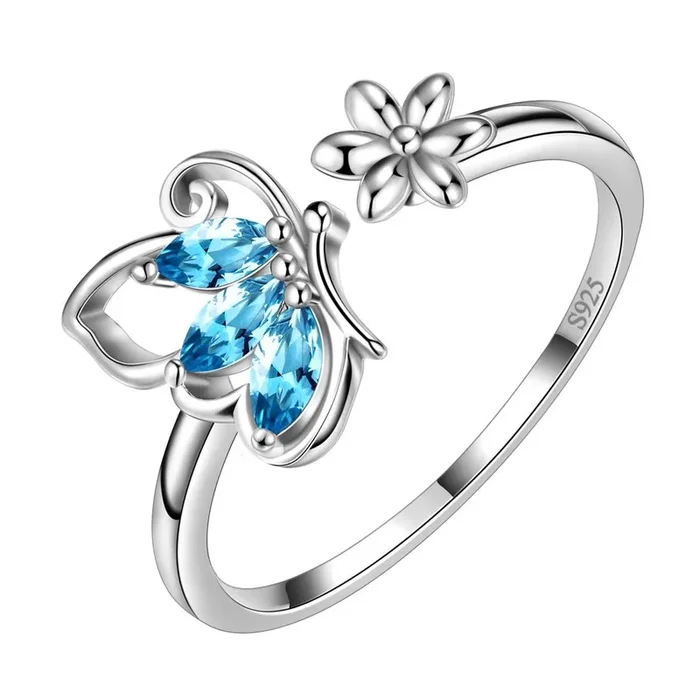 Anello con farfalla, pietra portafortuna aperta, acquamarina di marzo, gioielli da donna, regalo di compleanno
