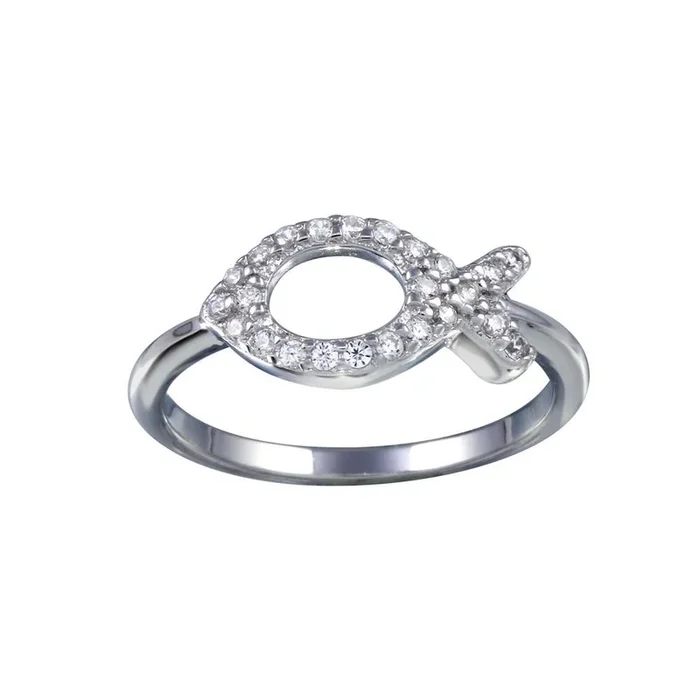Anillo abierto de pez con circonitas cúbicas en plata de ley 925 rodiada – BGR01289