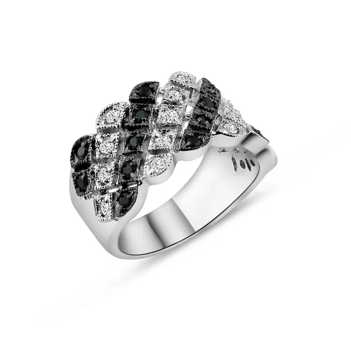 Anillo adornado con circonita cúbica transparente y negra en forma de diamante chapado en rodio de plata 925 – BGR00144