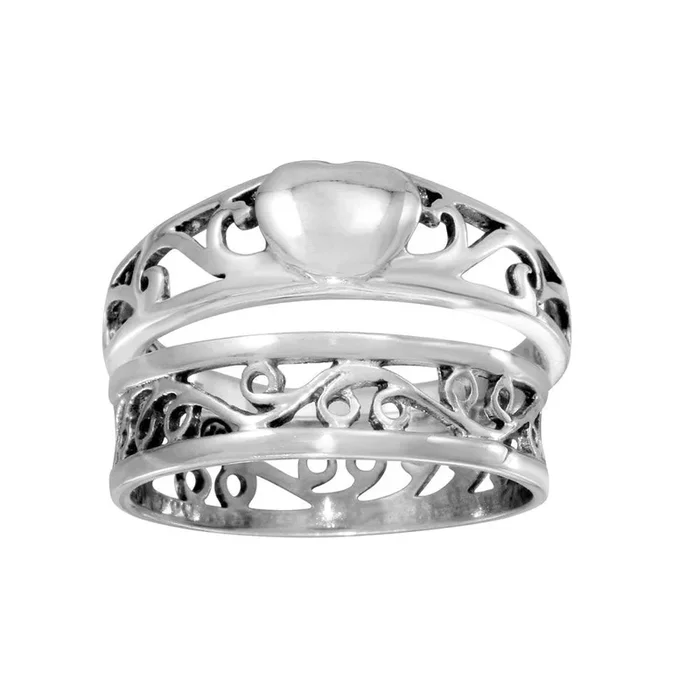 Anillo apilable de plata de ley 925 pulida con forma de corazón y ondas (2 piezas) – CR00733