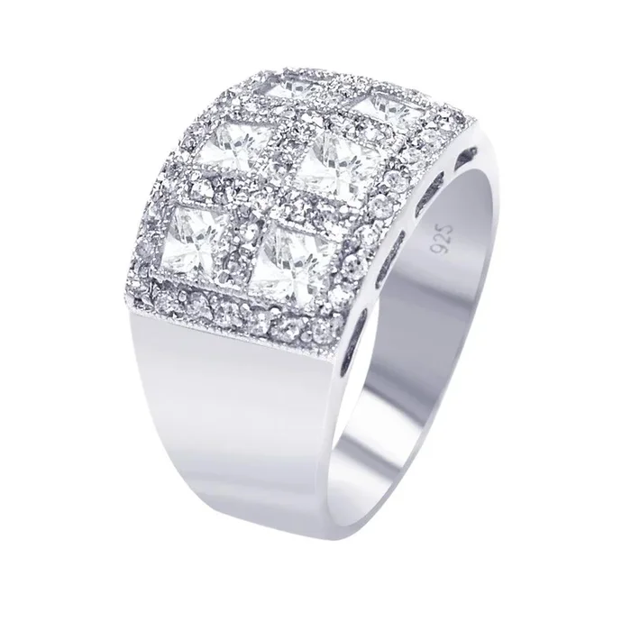 Anillo brillante con banda para cigarros con pavé cuadrado transparente chapado en rodio de plata 925 – AAR0055