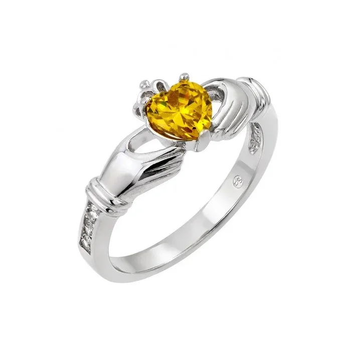 Anillo Claddagh con circonita cúbica y corazón amarillo chapado en rodio en plata 925 – BGR00491YEL
