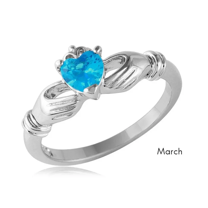 Anillo Claddagh con piedra natal central de circonita chapada en rodio de plata de ley 925 de marzo – BGR01083MAR