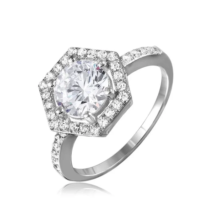 Anillo con halo de circonita cúbica con diseño de 6 lados chapado en rodio de plata 925 – GMR00092
