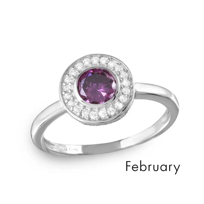 Anillo con halo de piedra natal central con circonita cúbica chapada en rodio en plata de ley 925 de febrero – BGR01082FEB
