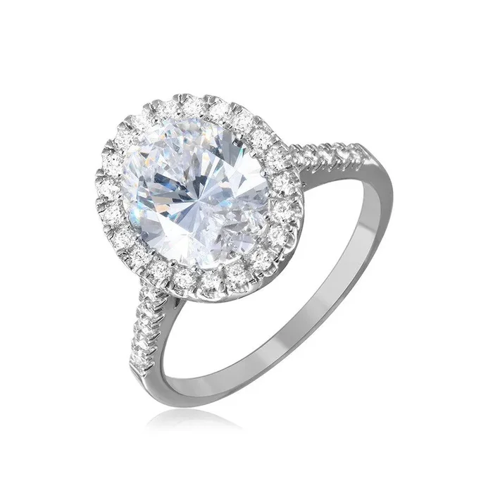 Anillo con halo ovalado transparente chapado en rodio de plata 925 con piedras CZ – GMR00099W