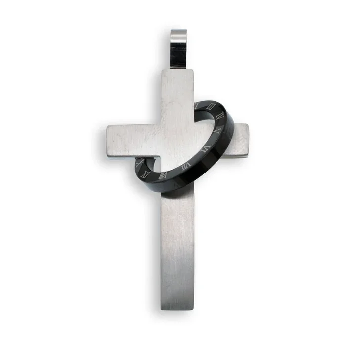 Anillo con números romanos y colgante de cruz de acero inoxidable chapado en rodio y negro – SSP00348