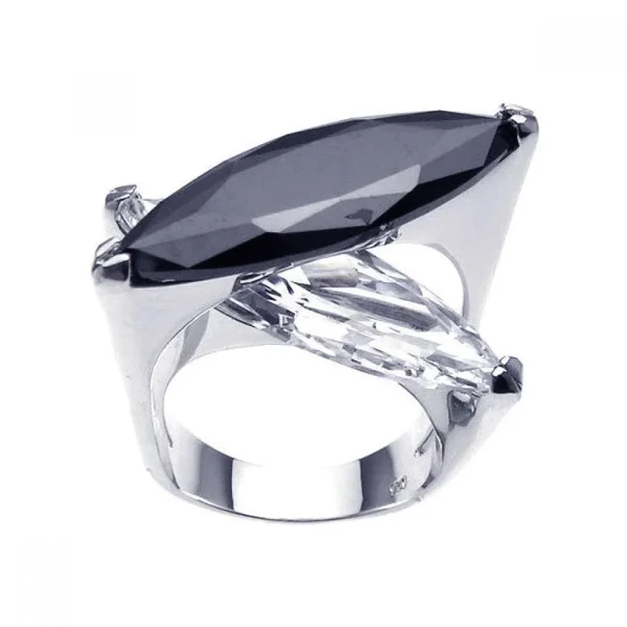 Anillo cruzado de circonitas negras y transparentes con baño de rodio en plata 925 (BGR00175)