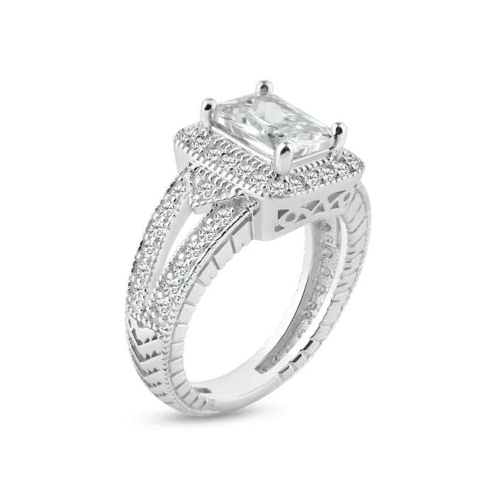 Anillo cuadrado de circonita cúbica transparente con micropavé chapado en rodio de plata 925 – ACR00006