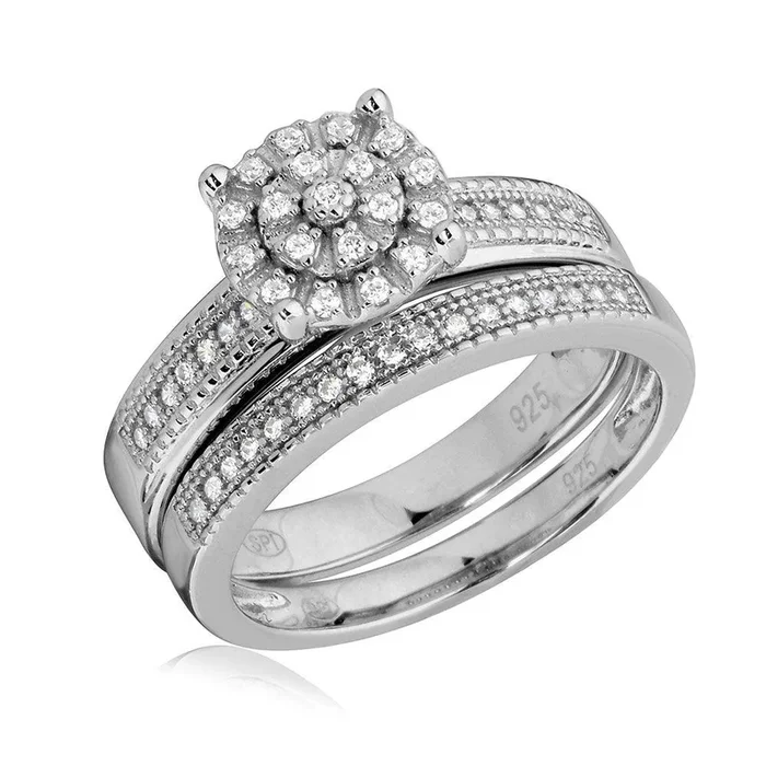 Anillo de boda de plata de ley 925 rodiada con piedras en racimo – GMR00178