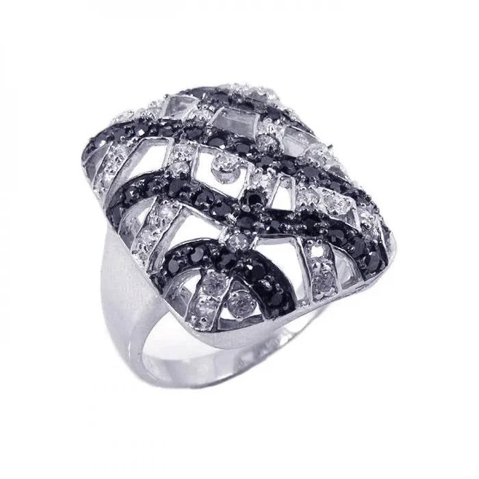 Anillo de botón cuadrado con circonitas negras y transparentes en plata 925 rodiada y baño de rodio negro – STR00459