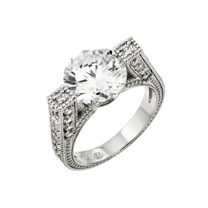 Anillo de circonita cúbica con centro redondo transparente chapado en rodio de plata 925 – BGR00758
