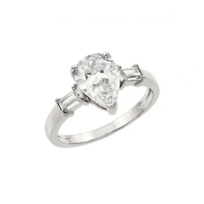 Anillo de circonita cúbica en forma de lágrima transparente chapado en rodio de plata 925 – BGR00891