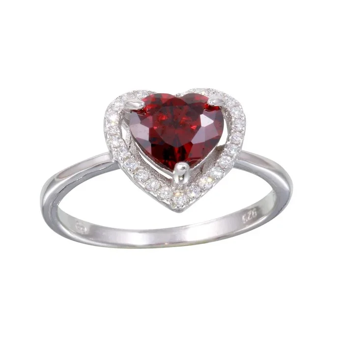 Anillo de corazón con halo rojo en plata de ley 925 rodiada – BGR01139RED