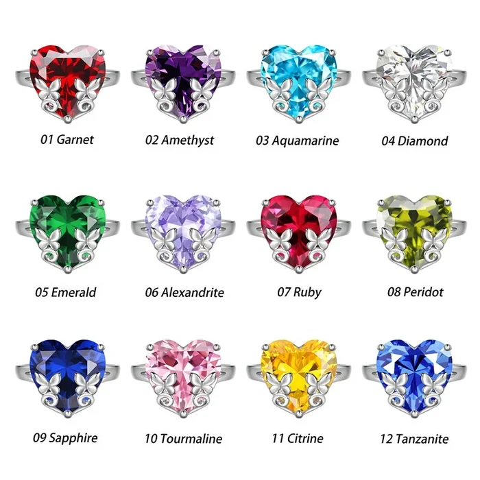Anillo de corazón para mujer, plata de ley 925, mariposa, piedra natal, solitario, joyería, regalo para niñas