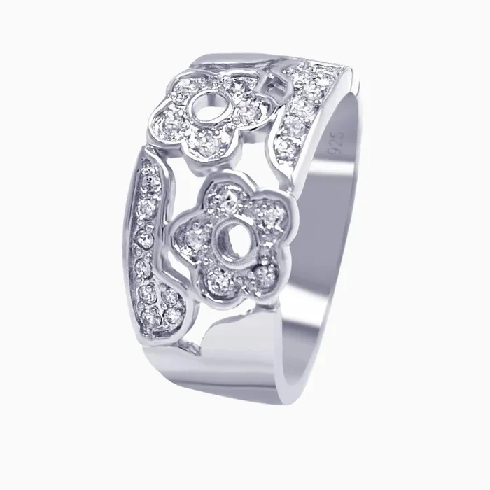 Anillo de flor de circonita transparente con pavé chapado en rodio de plata 925 – AAR0027