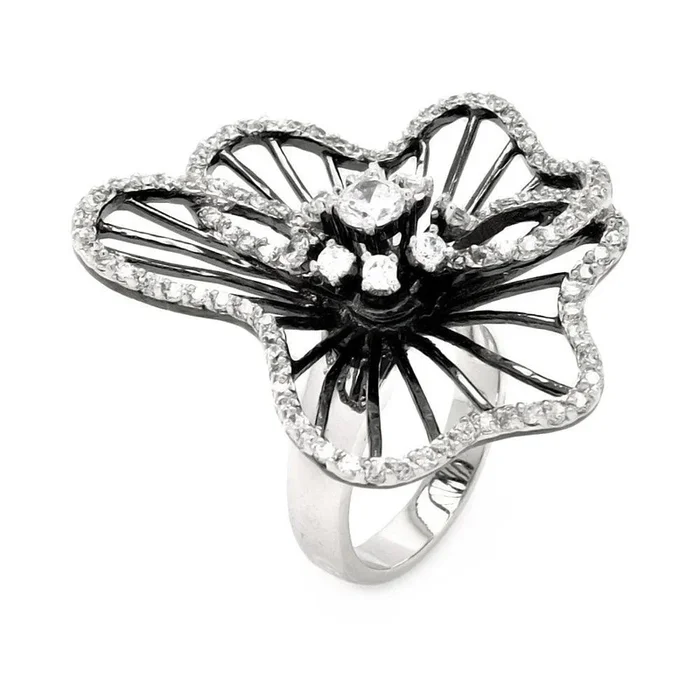 Anillo de flor ondulada de circonita transparente chapado en rodio negro y rodio de plata 925 – BGR00330