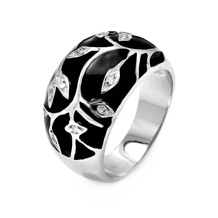 Anillo de hoja de circonitas cúbicas con esmalte negro y baño de rodio en plata 925 (liquidación) – STR00040