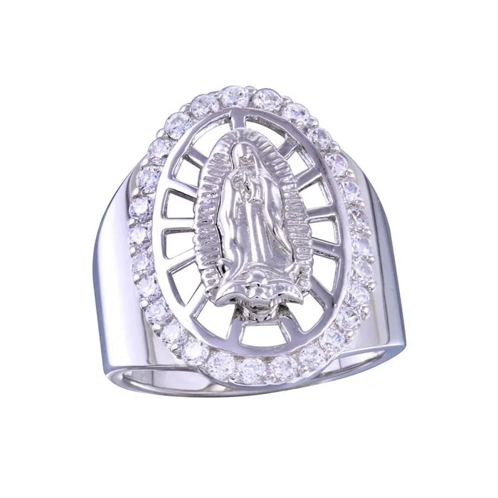 Anillo de la Virgen de Guadalupe con circonita cúbica ovalada en plata de ley 925 rodiada – GMR00256RH