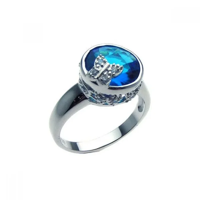 Anillo de mariposa con circonita central azul chapado en rodio en plata 925 – STR00609