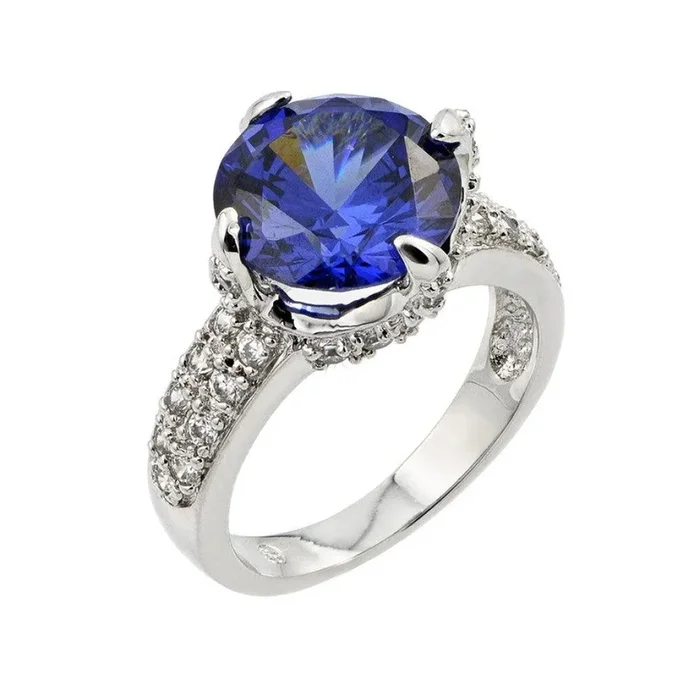 Anillo de novia con circonita cúbica transparente y centro azul redondo chapado en rodio de plata 925 – BGR00779