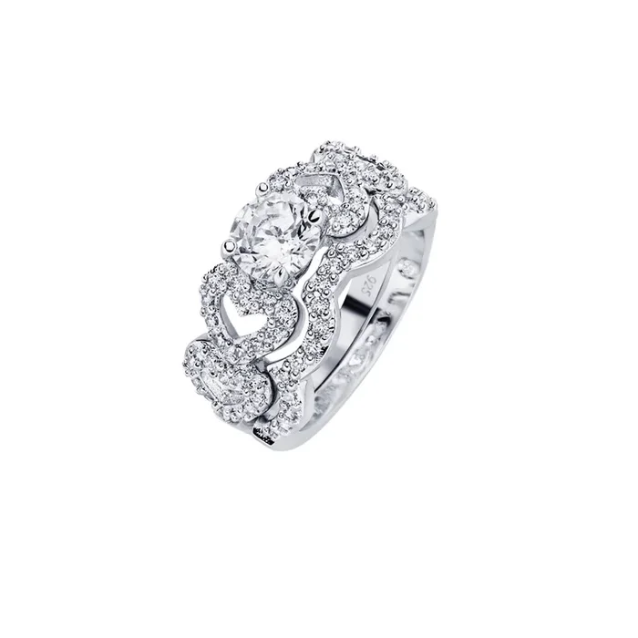 Anillo de novia con corazón de circonita central transparente redondo chapado en rodio de plata 925 – BGR00578