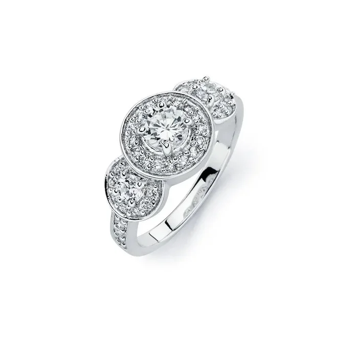 Anillo de novia redondo transparente con circonita cúbica transparente, juego de 3 chapados en rodio, plata 925 – BGR00759