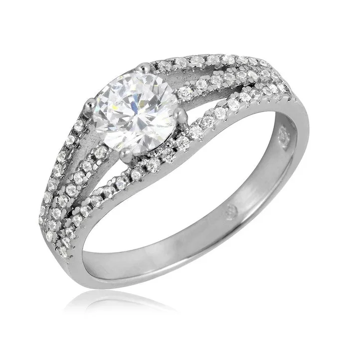 Anillo de piedra central redonda con vástago abierto chapado en rodio de plata 925 – BGR01067