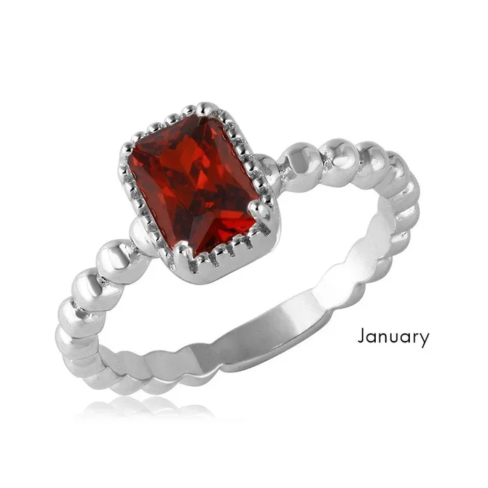 Anillo de piedra natal central cuadrada con vástago rebordeado chapado en rodio de plata de ley 925 de enero – BGR01081JAN