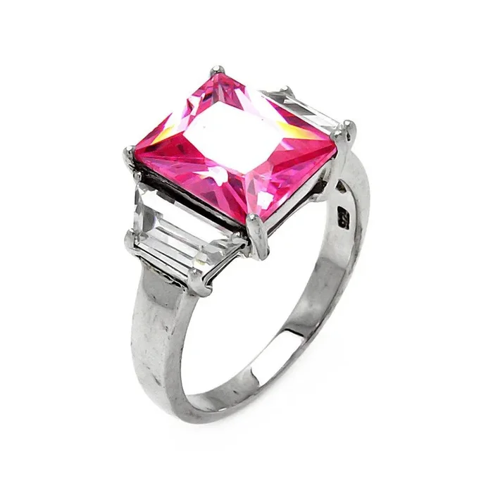 Anillo de plata 925 chapado en rodio con circonita rosa de talla princesa – STR00047PNK