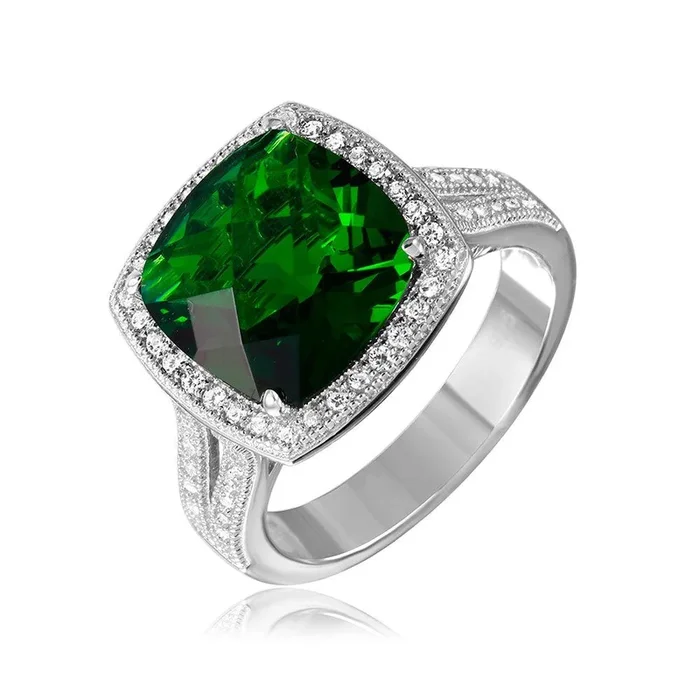 Anillo de plata 925 chapado en rodio con halo cuadrado y circonita verde con micropavé – GMR00090G