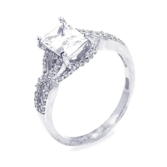 Anillo de plata 925 con circonita cúbica chapada en el centro de talla princesa y rodio – STR00650