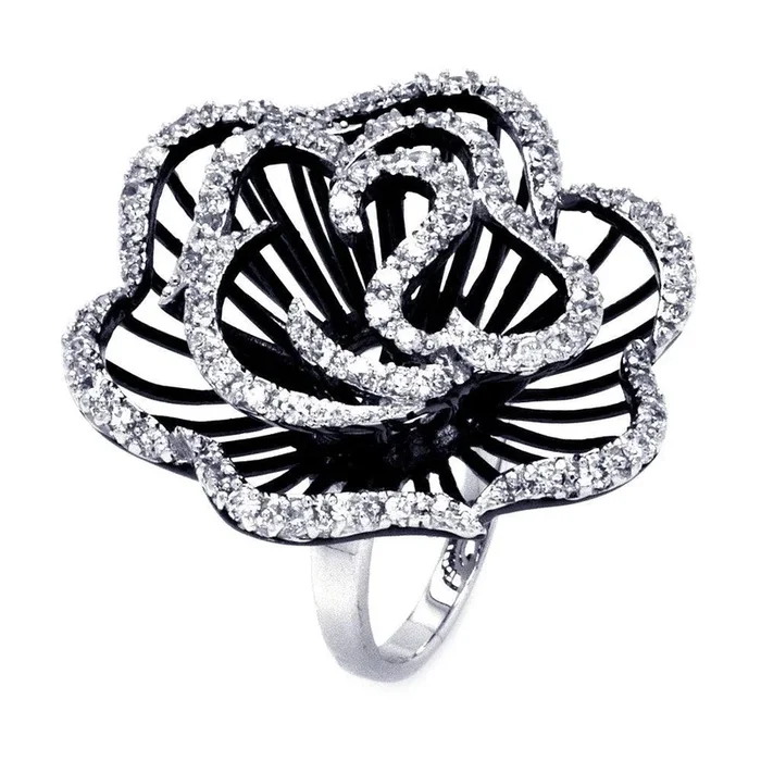Anillo de plata 925 con rodio y rodio negro chapado en 2 tonos con circonita transparente y flor de rosa – BGR00311BLK