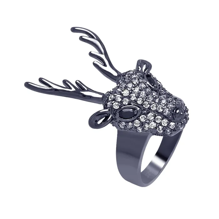 Anillo de plata 925 rodiada con circonitas negras y transparentes con cabeza de reno – BGR00325