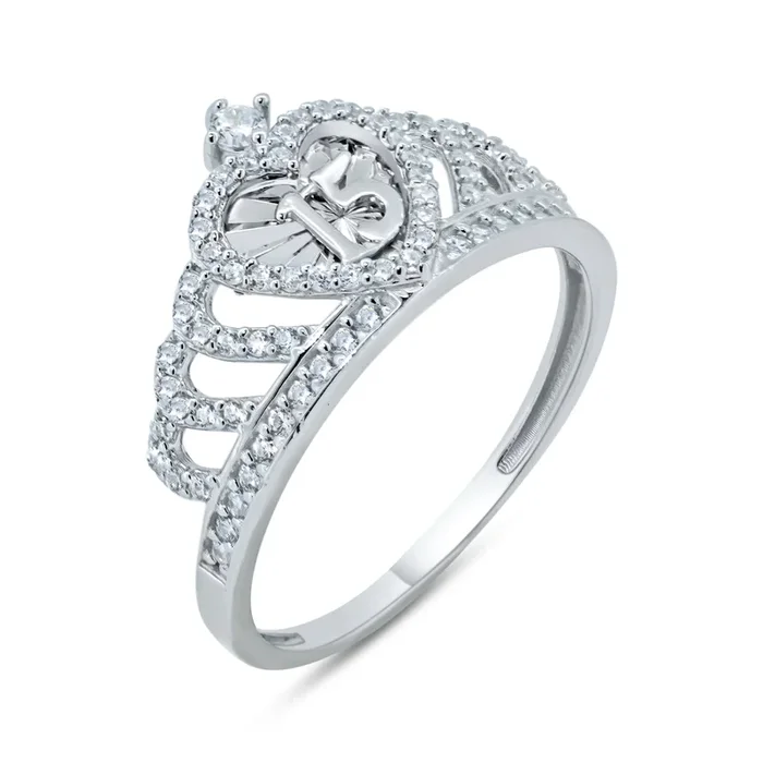 Anillo de plata con circonita cúbica y corona de corazón de quinceañera chapado en rodio – GMR00356