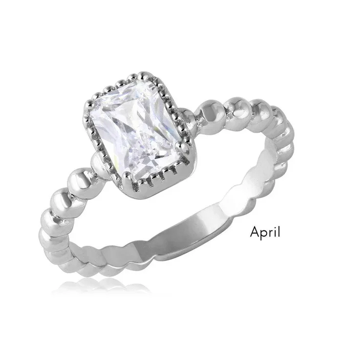 Anillo de plata de ley 925 con vástago con cuentas y piedra de nacimiento central cuadrada, chapado en rodio, de abril – BGR01081APR