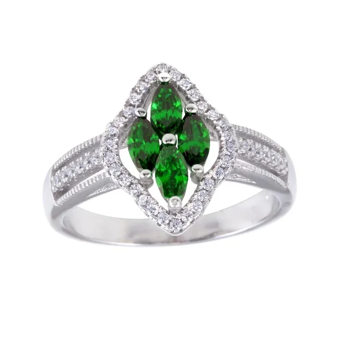 Anillo de plata de ley 925 rodiada con 4 circonitas verdes centrales y marquesa – BGR01253GRN