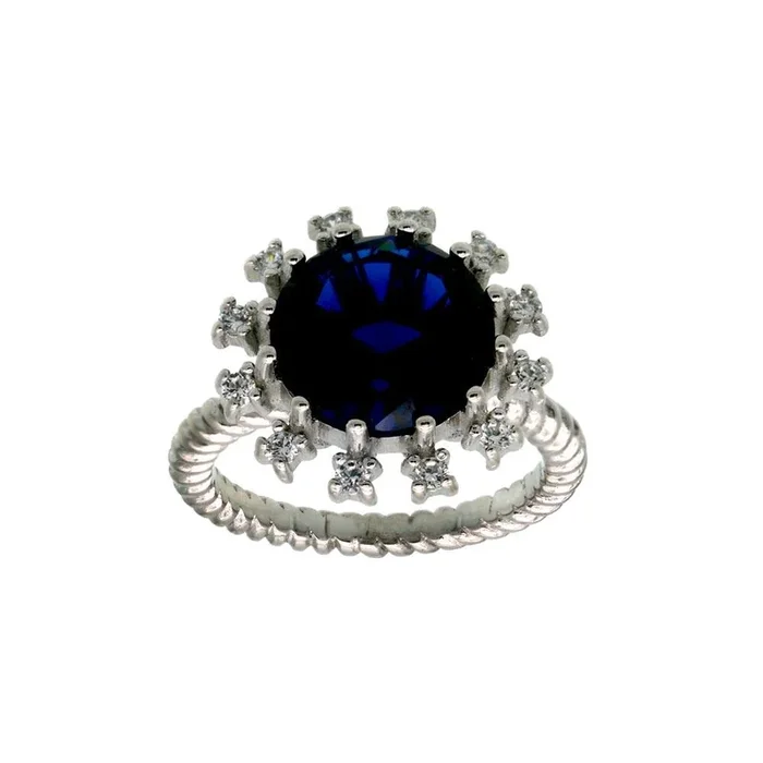 Anillo de plata de ley 925 rodiada con circonita cúbica y flor central azul con banda de cuerda – BGR01302BLU