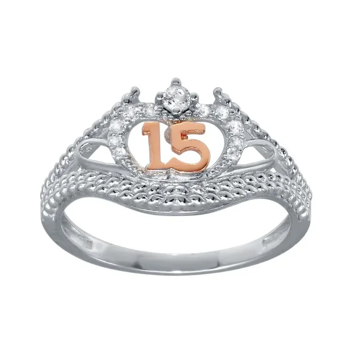 Anillo de plata de ley 925 rodiada con circonitas cúbicas de dos tonos y flor de quinceañera – GMR00302RHR