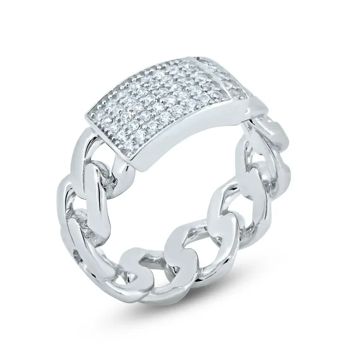 Anillo de plata de ley 925 rodiada con circonitas incrustadas y eslabones cubanos – GMR00372