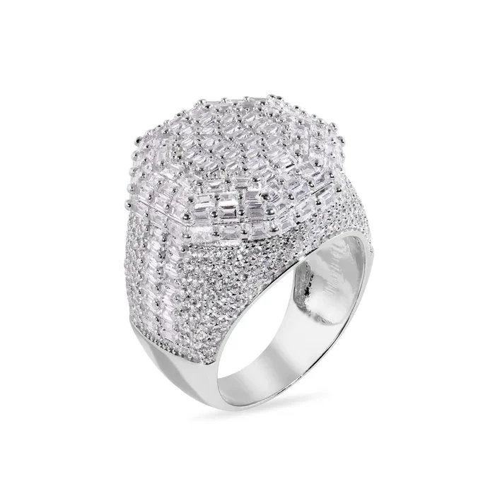 Anillo de plata de ley 925 rodiada con circonitas transparentes, talla baguette, 20,4 mm, con parte superior octogonal – GMR00387