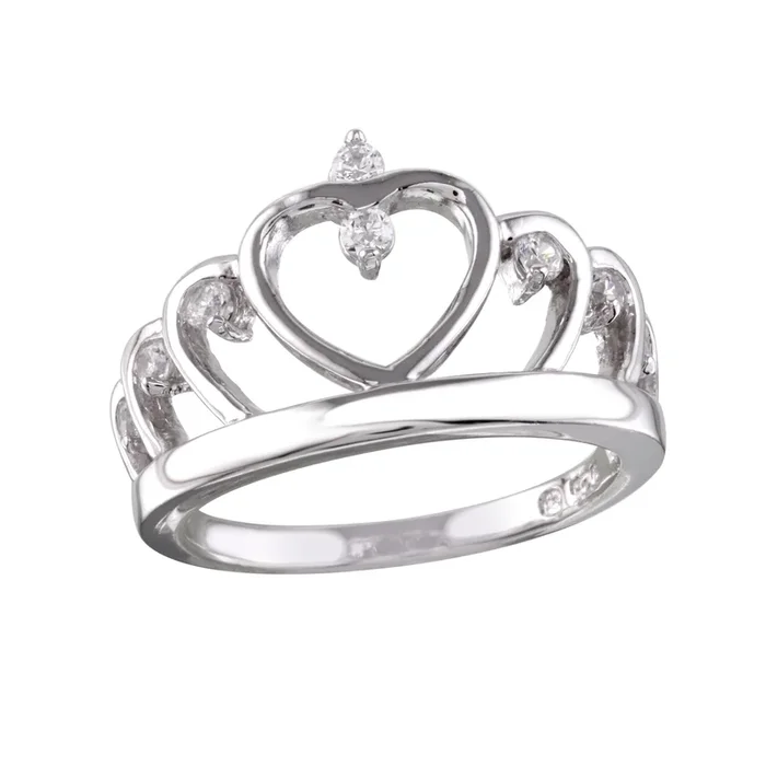 Anillo de plata de ley 925 rodiada con corona de corazón y circonita – BGR01160