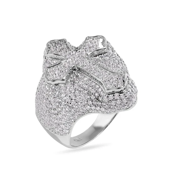 Anillo de plata de ley 925 rodiada con cruz y circonitas transparentes de 30 mm – GMR00392