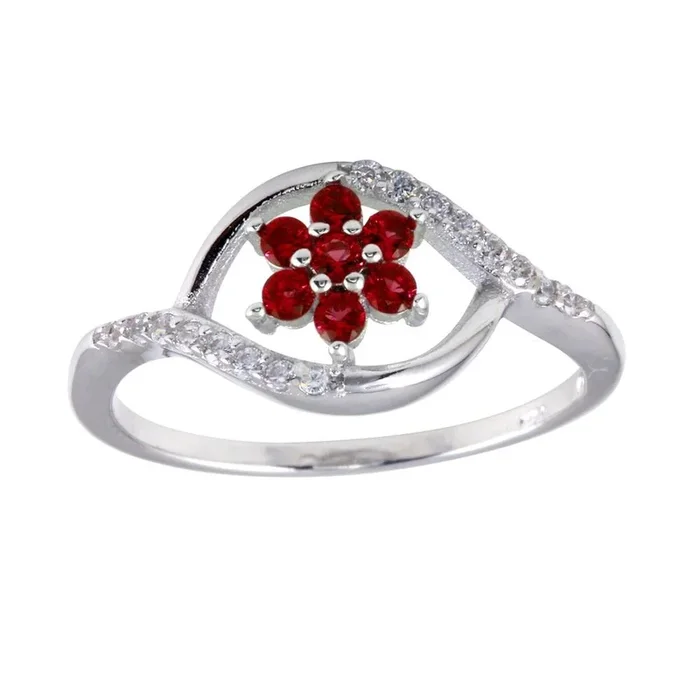 Anillo de plata de ley 925 rodiada con flor de circonita cúbica roja y centro ondulado – BGR01252RED