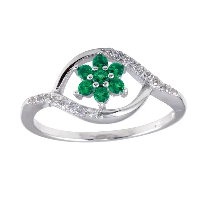Anillo de plata de ley 925 rodiada con flor de circonita cúbica verde y centro ondulado – BGR01252GRN