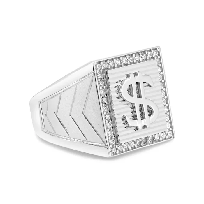 Anillo de plata de ley 925 rodiada con símbolo de dólar y circonita cúbica para hombre – GMR00228RH
