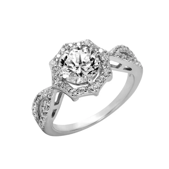 Anillo en forma de octágono chapado en rodio de plata 925 con tapas con detalles de circonita – BGR00992