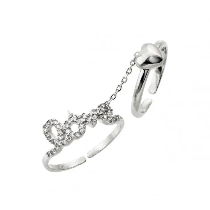 Anillo esclavo de nudillos con corazón de amor y circonita transparente chapado en rodio de plata 925 – BGR00883