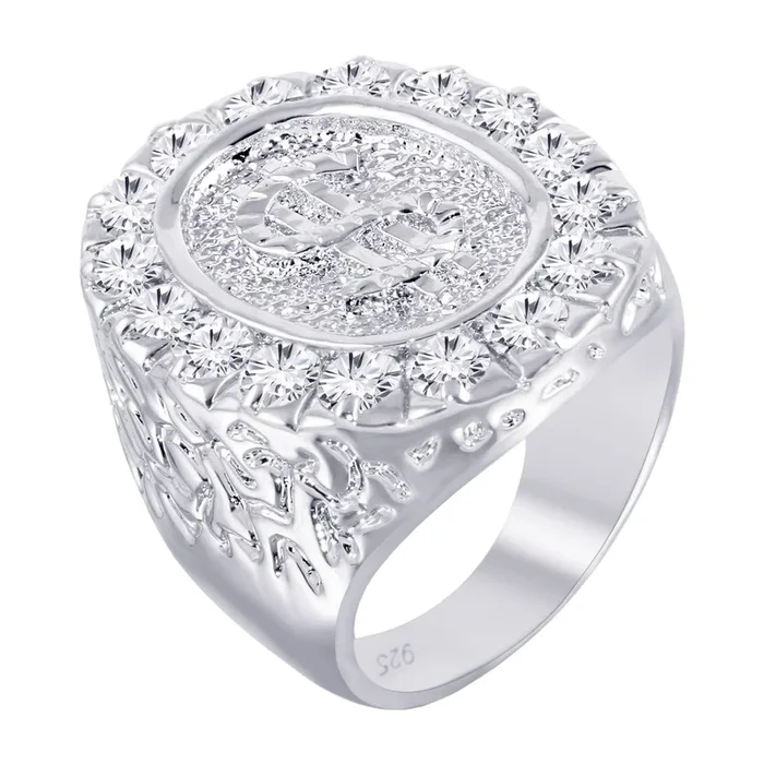 Anillo grande de plata de ley 925 rodiada con símbolo de dólar y circonita cúbica – BGR00012