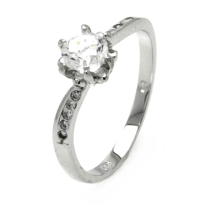 Anillo nupcial con circonita cúbica central redonda transparente bañado en rodio de plata 925 – BGR00513